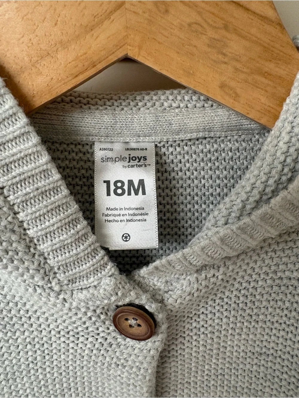 Carter's Light Gray Hooded Knit Cardigan with Wooden Buttons